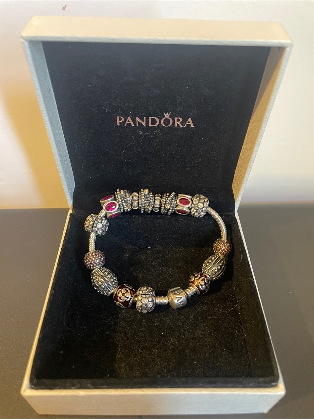 Pandora Silver Charm Bracelet with Pink and Red Accents